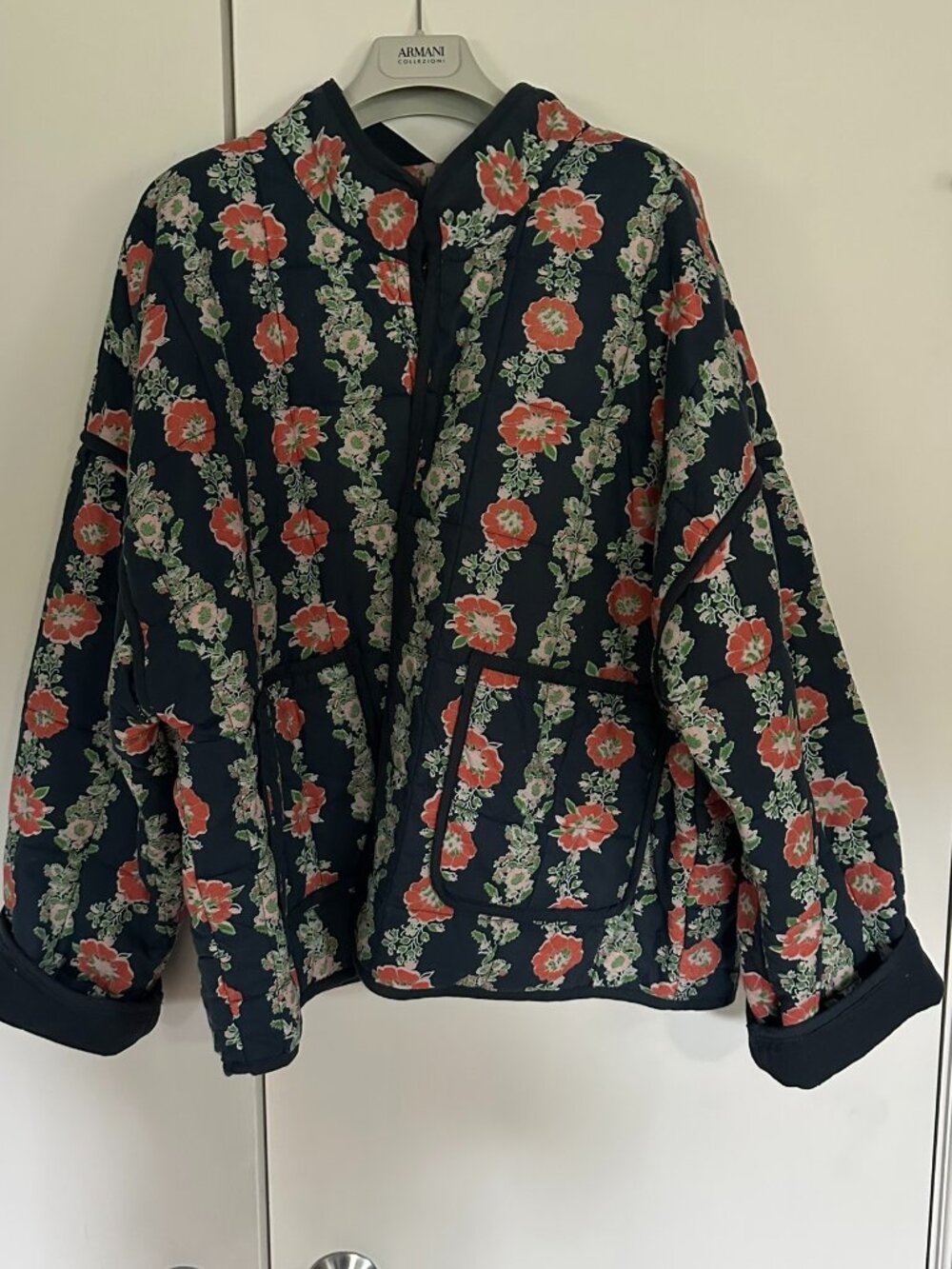 Free People Quilted Jacket, XL Blue with Flowers